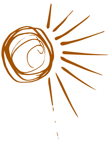 Um sol estilizado com círculos rabiscados com o que lembra um C no centro e raios só do lado direito, em semicírculo fazendo o desenho todo lembrar uma letra P.
